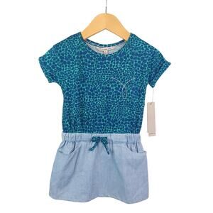 Calvin Klein Girls Chambray Knit Animal Print Dress Size 2T Blue Pockets Casual